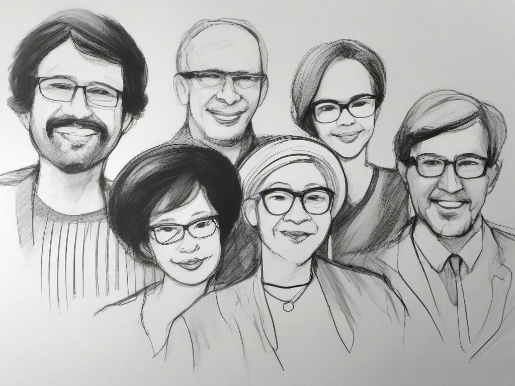 sketch of family members  minimal rough sketch scribbles,doodles,black and white