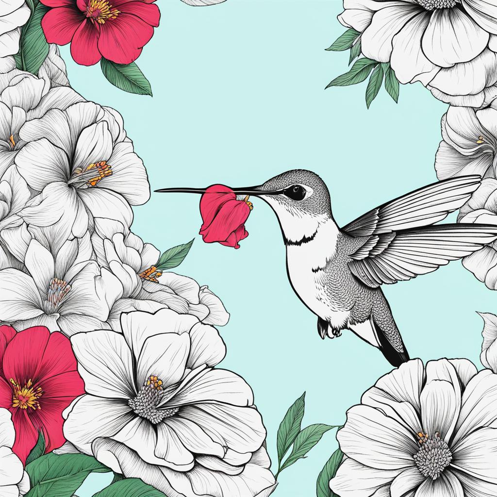 flower coloring pages - a hummingbird sips nectar from a colorful flower. 