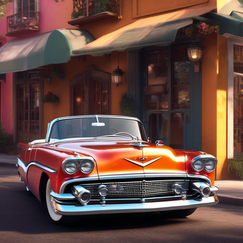 Classic Car - A classic car from the 1950s with chrome accents and a convertible top hyperrealistic, intricately detailed, color depth,splash art, concept art, mid shot, sharp focus, dramatic, 2/3 face angle, side light, colorful background