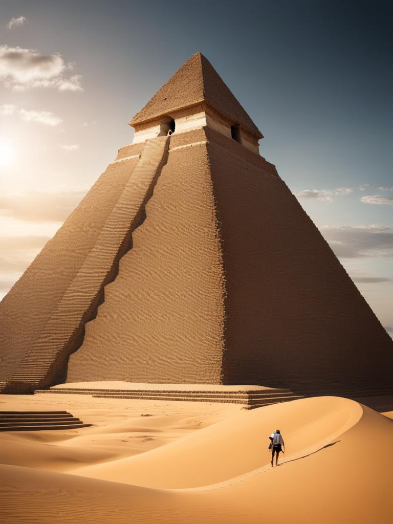 adventurous explorer scaling a towering, ancient pyramid in a remote desert. 