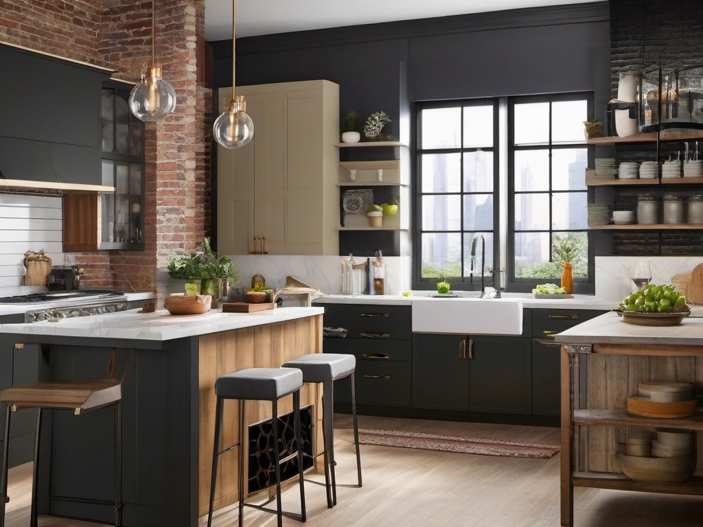 Urban Chic kitchen features practical furnishings, a mix of modern and vintage decor, and an open layout that embraces contemporary city living.  