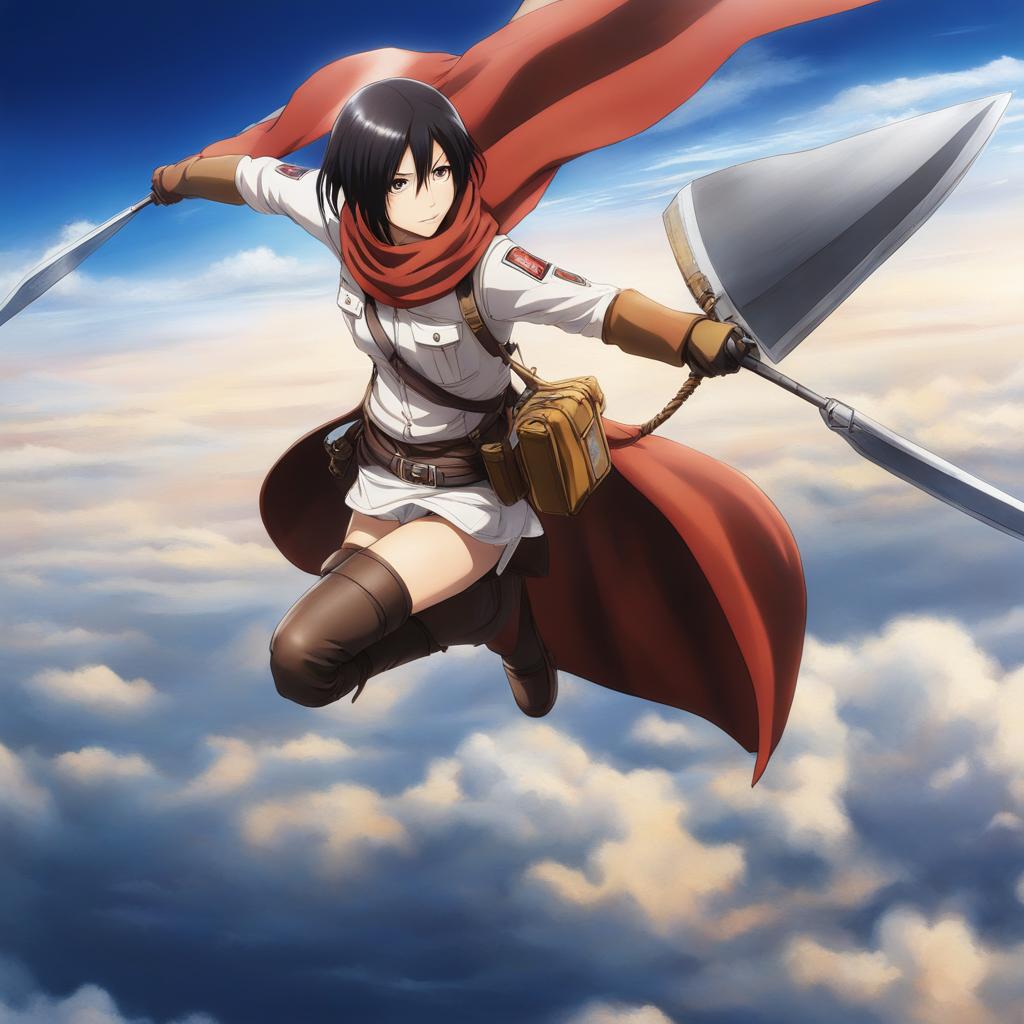 mikasa ackerman maintains her odm gear while soaring through the skies above wall maria. 