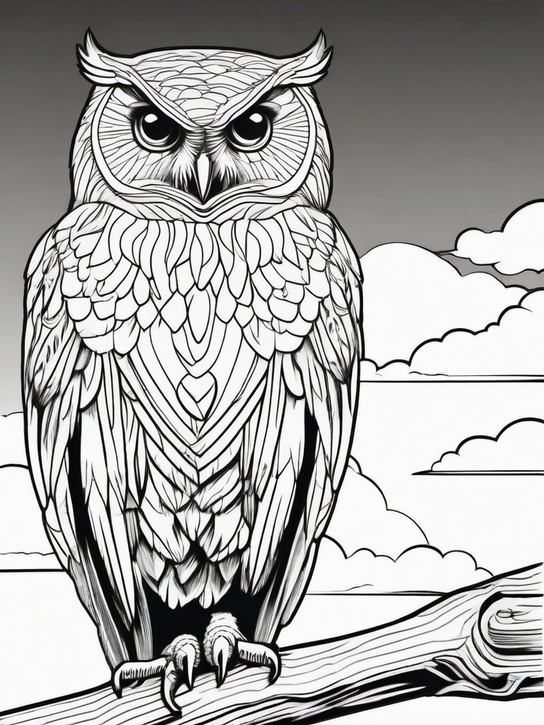 Owl Coloring Pages - Owl perched on a fence post during sunset  simple coloring pages