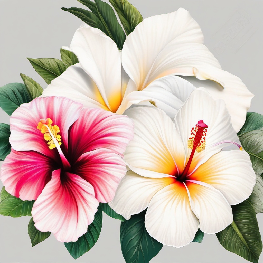 Hibiscus and Plumeria Tattoo - Celebrate the beauty of tropical blooms with a hibiscus and plumeria tattoo, capturing the essence of island life.  simple color tattoo, minimal, white background