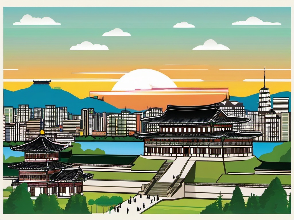 Seoul clipart - Gyeongbokgung Palace and Seoul skyline,  color clipart, vector art