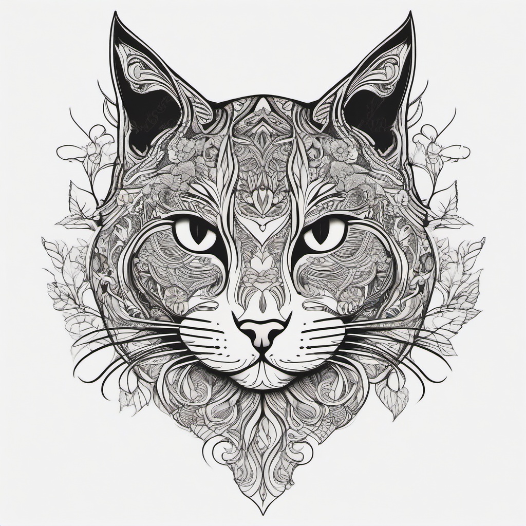 Cat Head Tattoo - Tattoo featuring the detailed depiction of a cat's head.  minimal color tattoo, white background