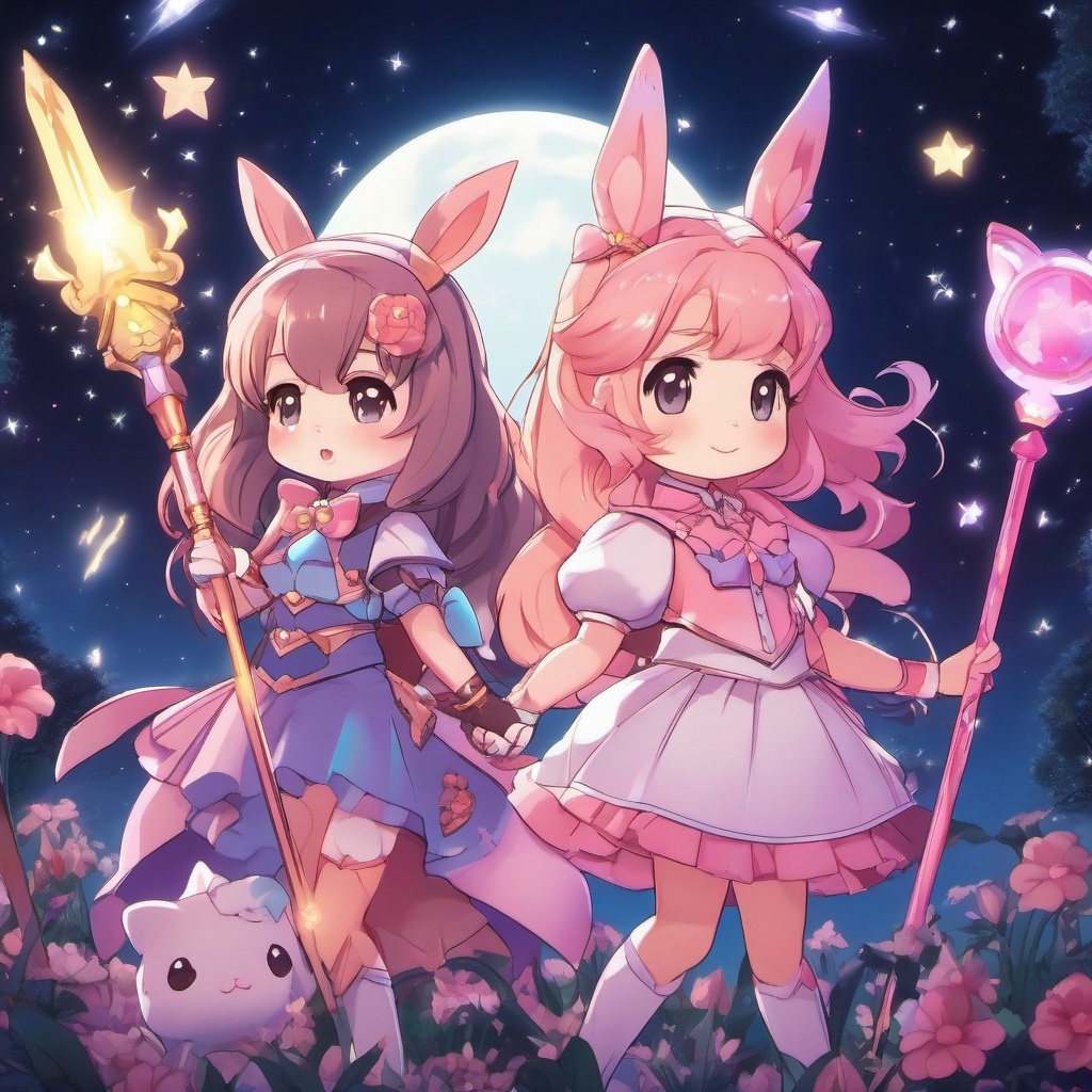 Kawaii magical girl and magical girl companion, with talking animal companions, using magical staffs to protect the world from dark forces, as a matching pfp for friends. wide shot, cool anime color style