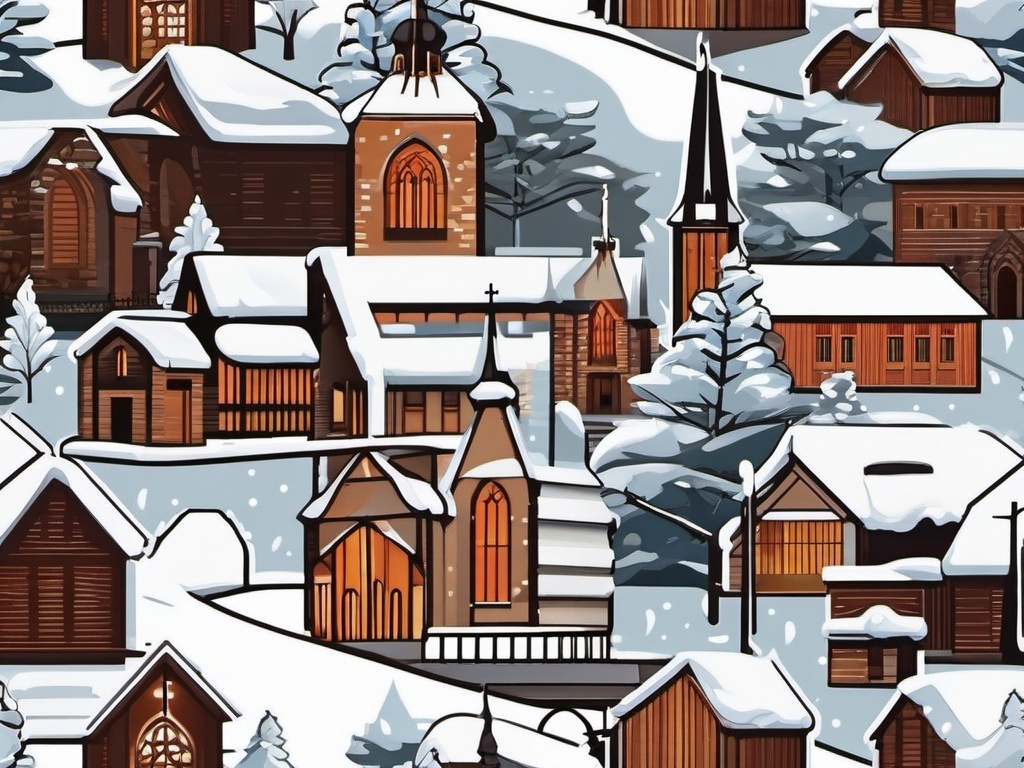 Snow-covered village church sticker- Winter charm, , sticker vector art, minimalist design