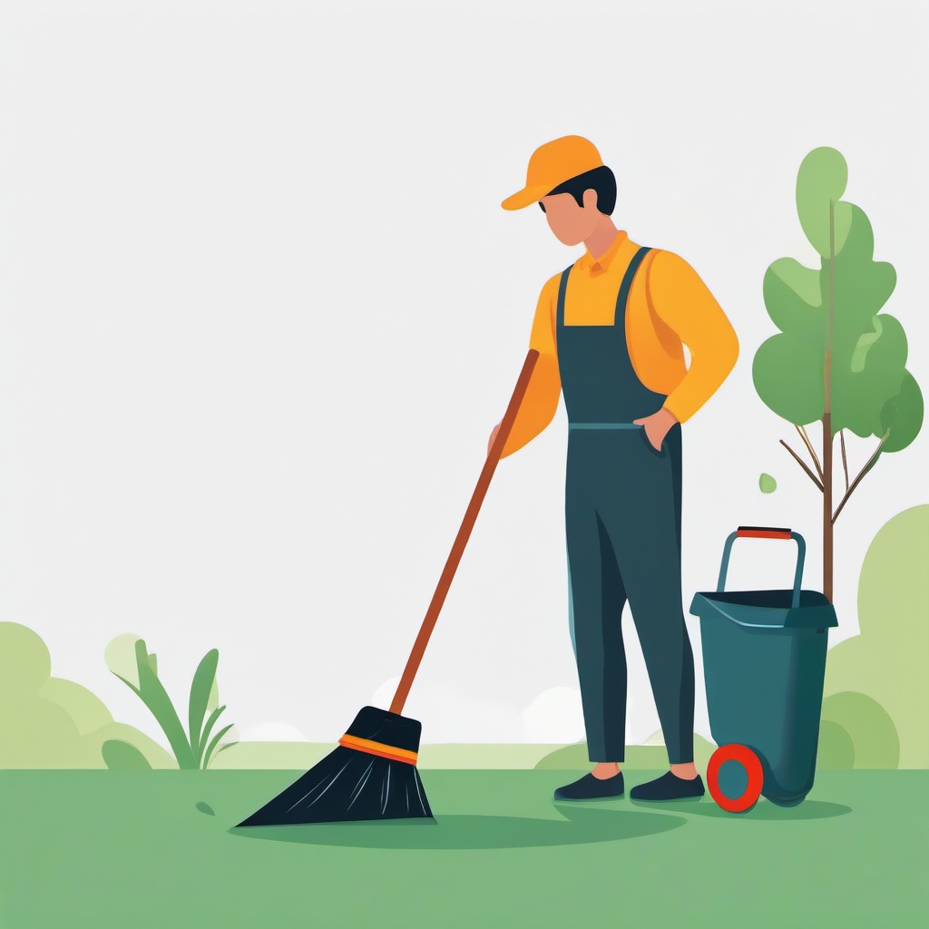 Person sweeping outside with a broom clipart.  vector style illustration, white background