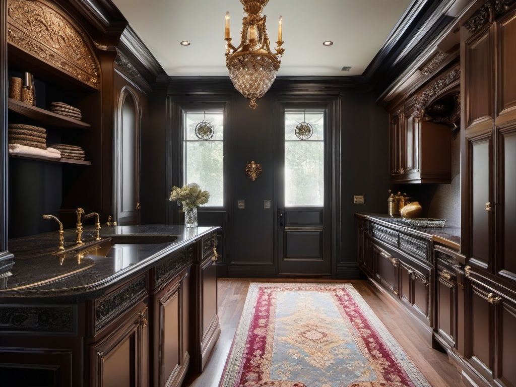 Baroque laundry room embraces rich colors, ornate details, and luxurious finishes that create a dramatic and sophisticated environment for chores.  