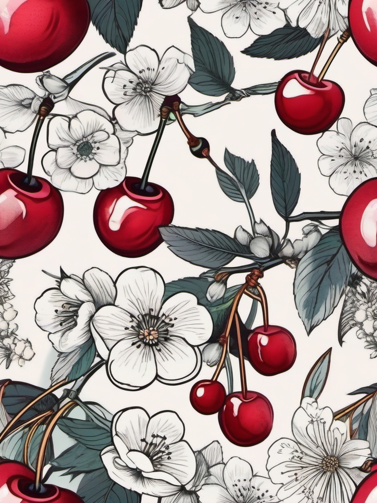 Cherries with floral details ink: Blooms of delicate beauty surrounding the fruit.  simple color tattoo style