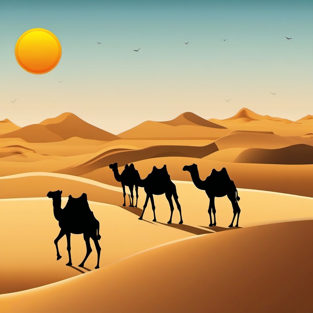 Desert Dunes and Camel Train Emoji Sticker - Caravan journey across arid landscapes, , sticker vector art, minimalist design