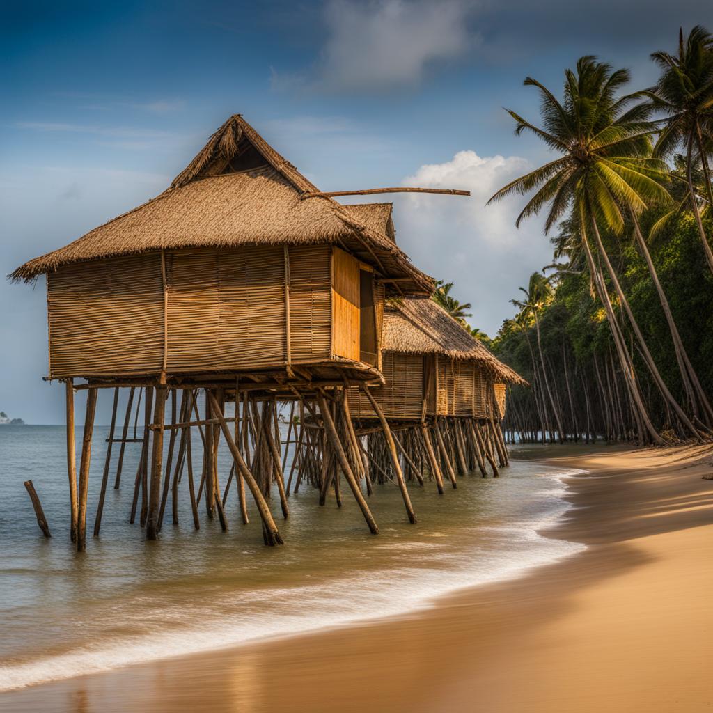 sri lankan stilt fishing huts, with bamboo stilts, stand along the shores of weligama bay, sri lanka. 