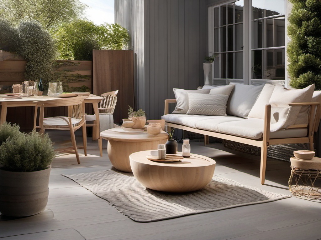 Scandinavian patio blends light wood furniture, cozy textiles, and functional design, offering a bright and welcoming atmosphere for outdoor enjoyment.  