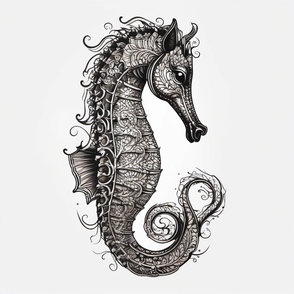 Seahorse tattoo, Delicate seahorse tattoo, symbolizing patience and protection. , tattoo color art, clean white background