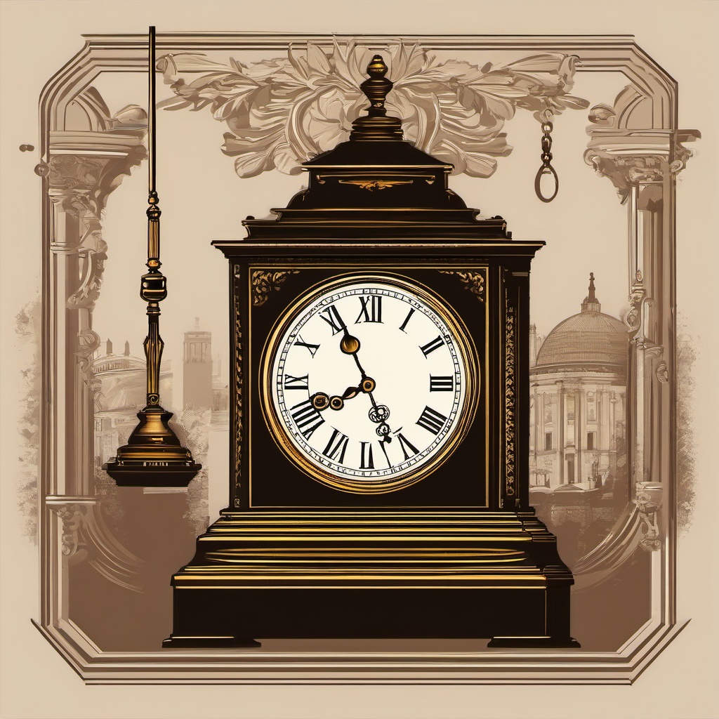 Clock Clipart - Old-fashioned clock with Roman numerals and pendulum.  color clipart, minimalist, vector art, 