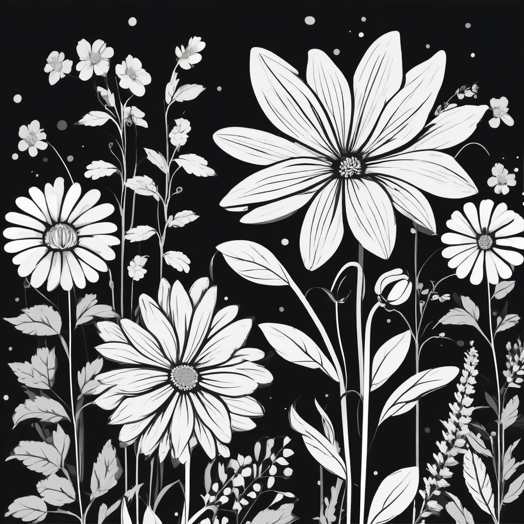 Flower Clipart Black White,Illustrating a monochrome garden mural  simple, 2d flat