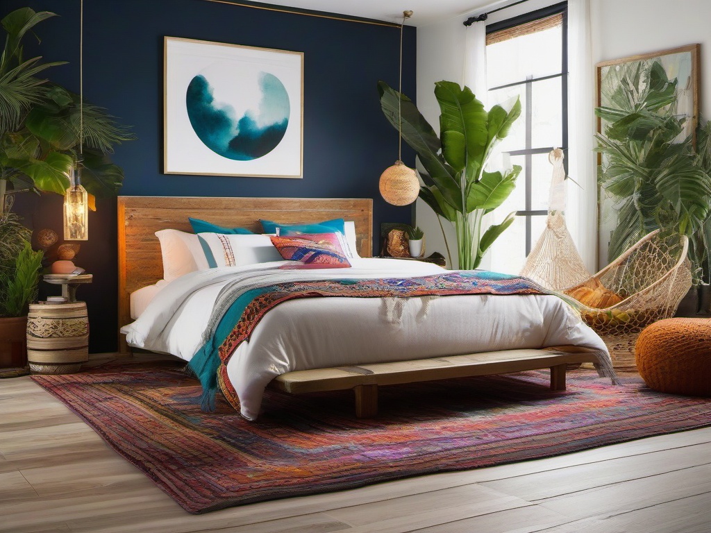 Bohemian master bedroom is adorned with colorful textiles, eclectic decor, and plants, creating a lively and inviting environment for relaxation.  