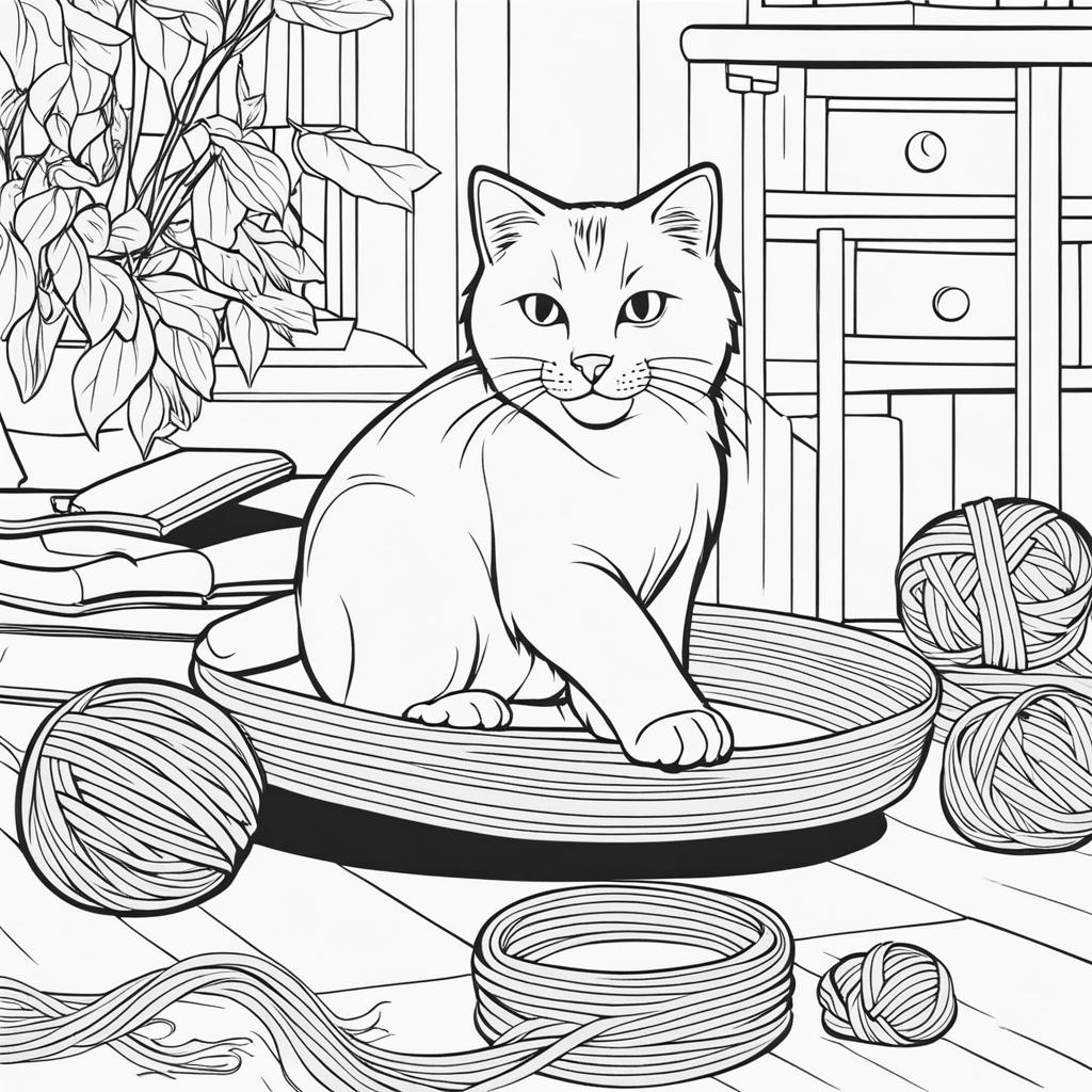 cat coloring pages - a playful cat pounces on a ball of yarn in a cozy room. 