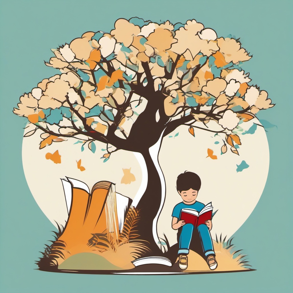 Reading clipart - child reading a book under a tree  color,minimalist,vector clipart