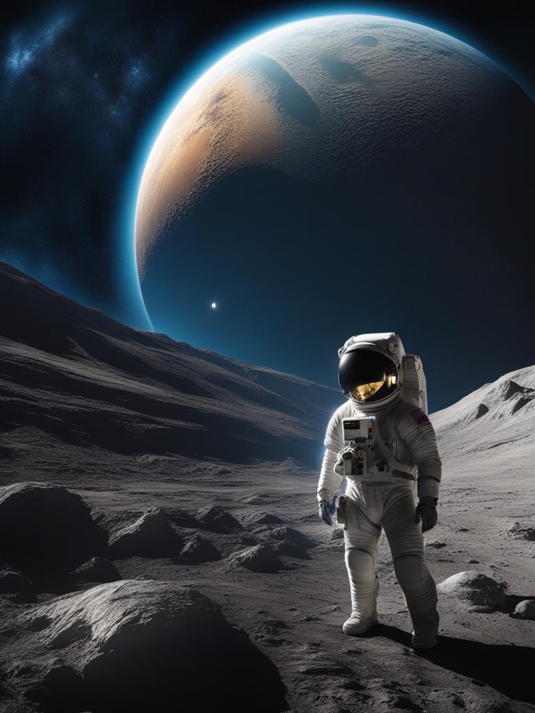 spacefaring astronaut exploring an alien moon with a breathtaking earthrise in the sky. 