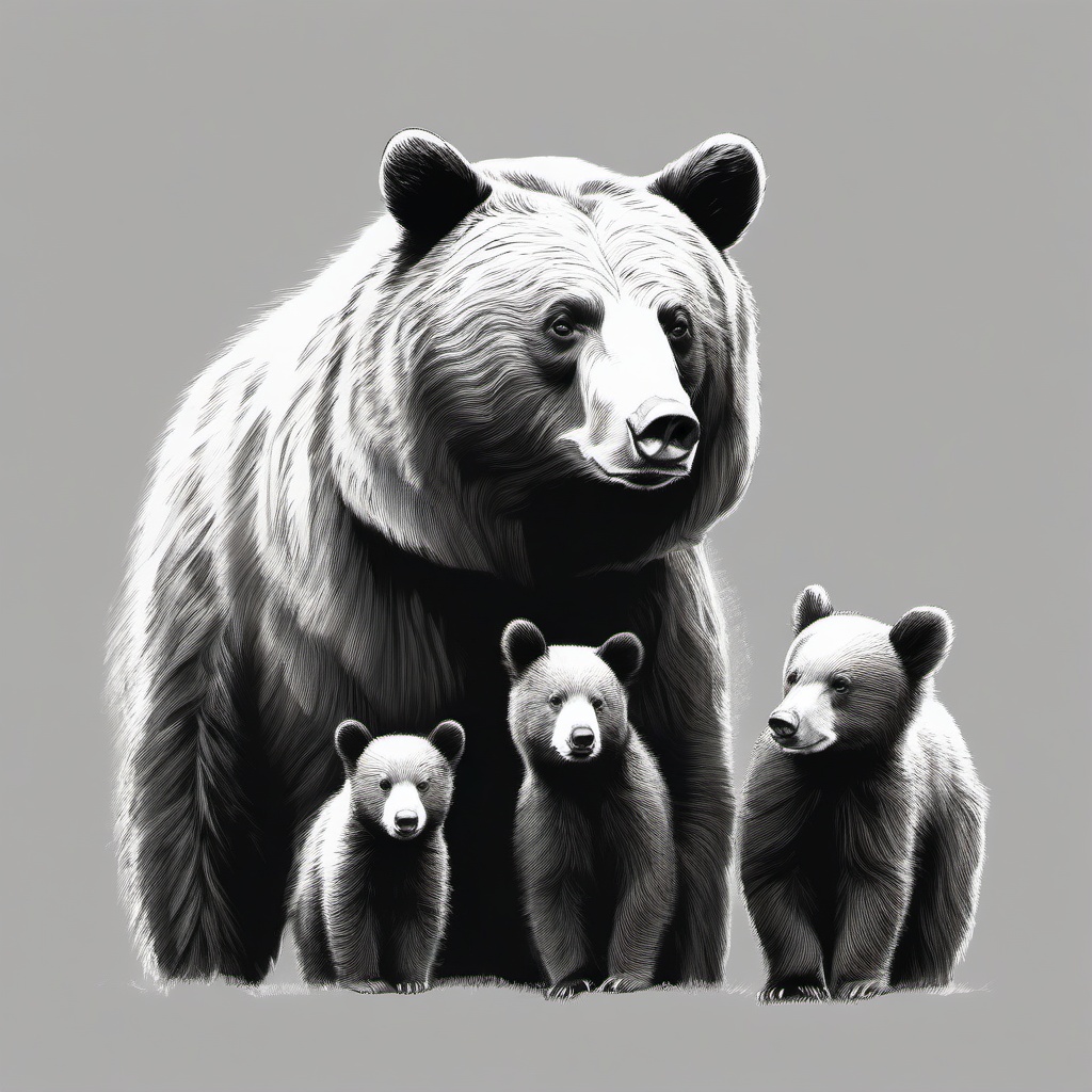 drawing of a black bear family  minimal rough sketch scribbles,doodles,black and white