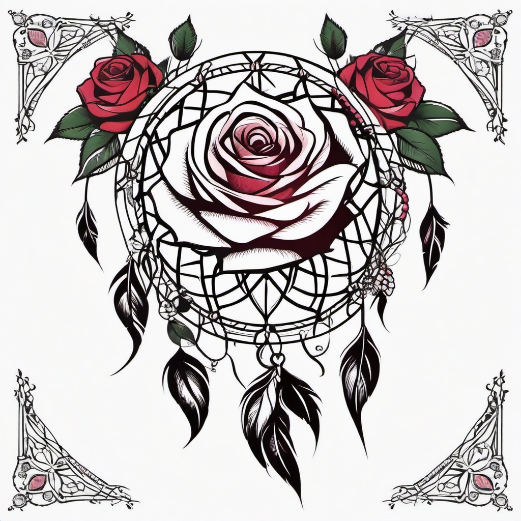 Dream Catcher Rose Tattoo - Tattoo combining a dream catcher with rose motifs.  simple vector tattoo,minimalist,white background