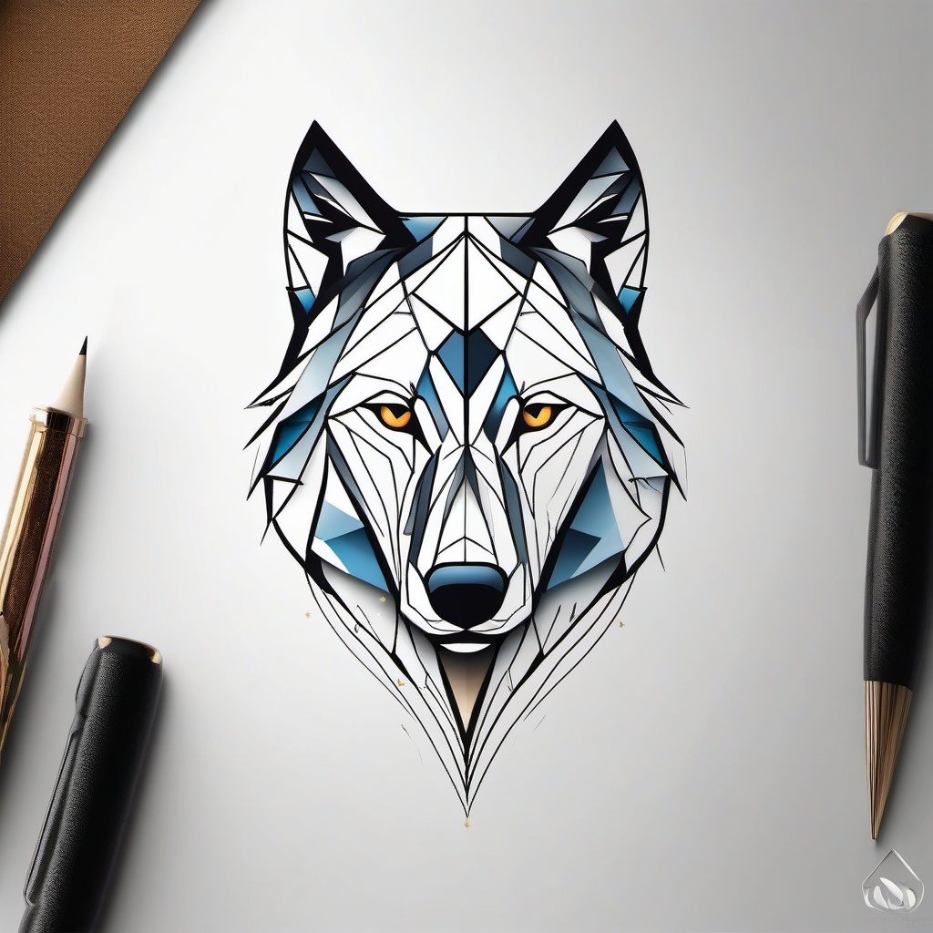 Geometric Wolf Face Tattoo - A distinctive geometric rendition of a wolf's face in a tattoo.  simple color tattoo design,white background