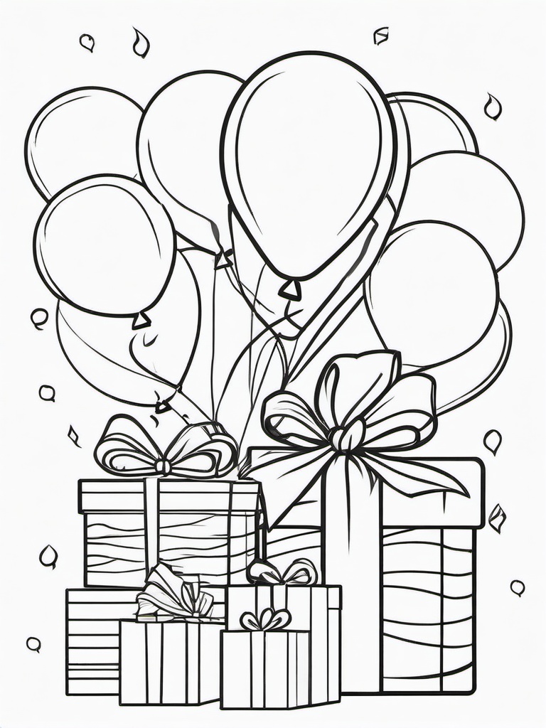 Birthday Gifts and Balloons Coloring Pages - Gifts Piled High with Balloons  minimal black outline printable sheet, coloring page