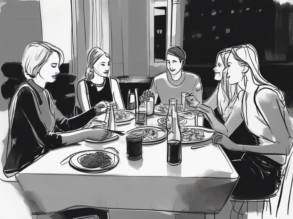 drawing of friends sharing a meal  minimal rough sketch scribbles,doodles,black and white