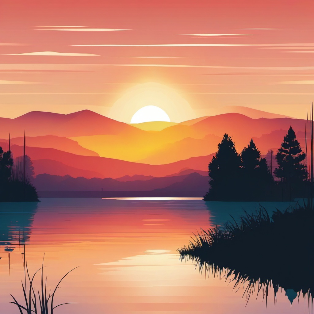 Sunrise at the Lake clipart - The first light of day breaking over a tranquil lake., ,vector color clipart,minimal