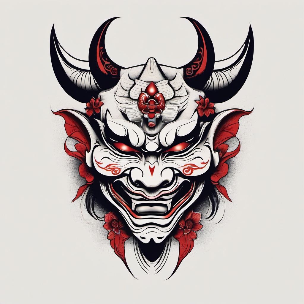 geisha hannya mask tattoo design  simple color tattoo,white background,minimal