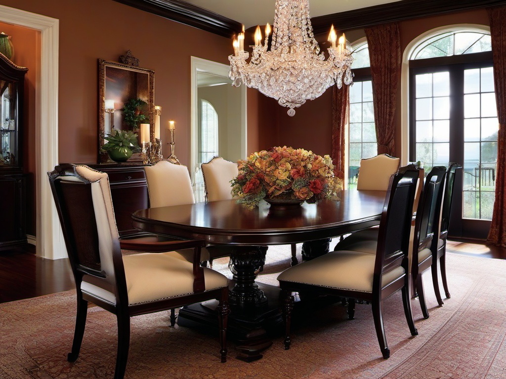 Traditional dining room commands attention with its rich mahogany dining set, silk-upholstered chairs, and a grand crystal chandelier that casts a warm glow over formal gatherings.  