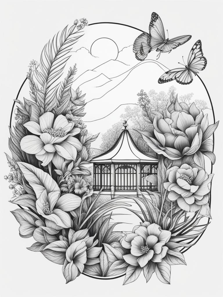 botanical garden - design a tattoo showcasing a lush botanical garden with a variety of plants and flowers. 