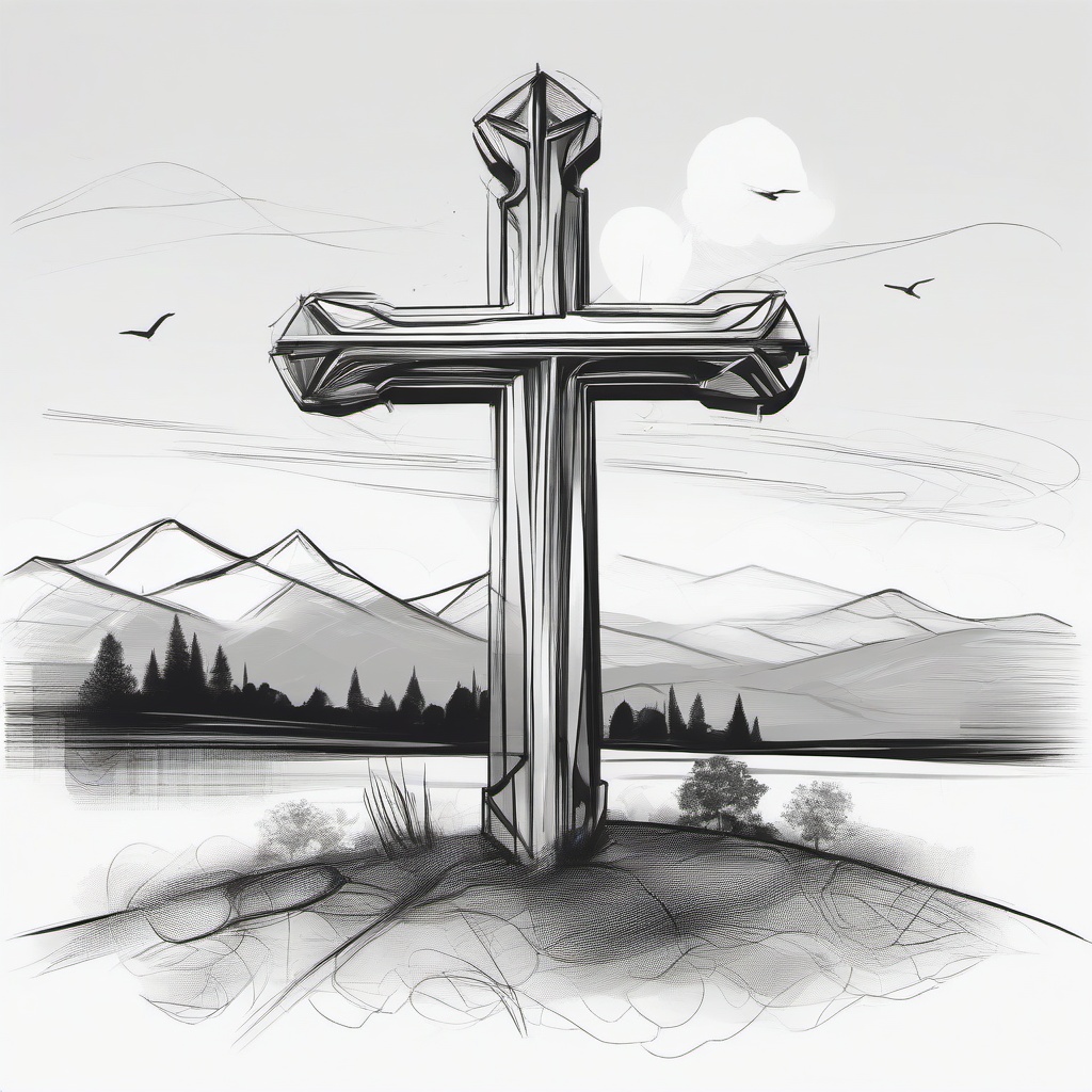 drawing of a cross with a peaceful background  minimal rough sketch scribbles,doodles,black and white