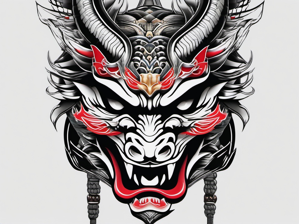 samurai mask dragon tattoo  simple color tattoo,white background,minimal