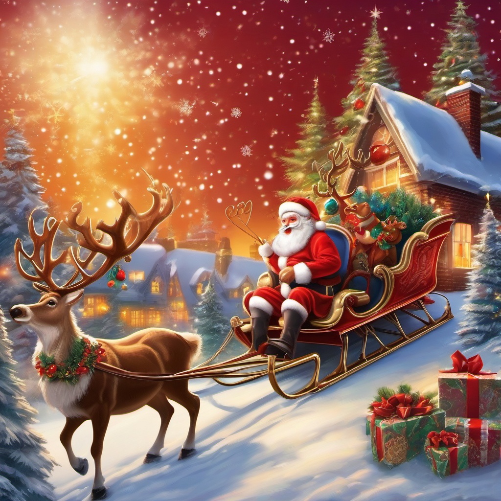 Christmas Wallpaper - Santa Claus and Reindeer Sleigh Ride wallpaper splash art, vibrant colors, intricate patterns