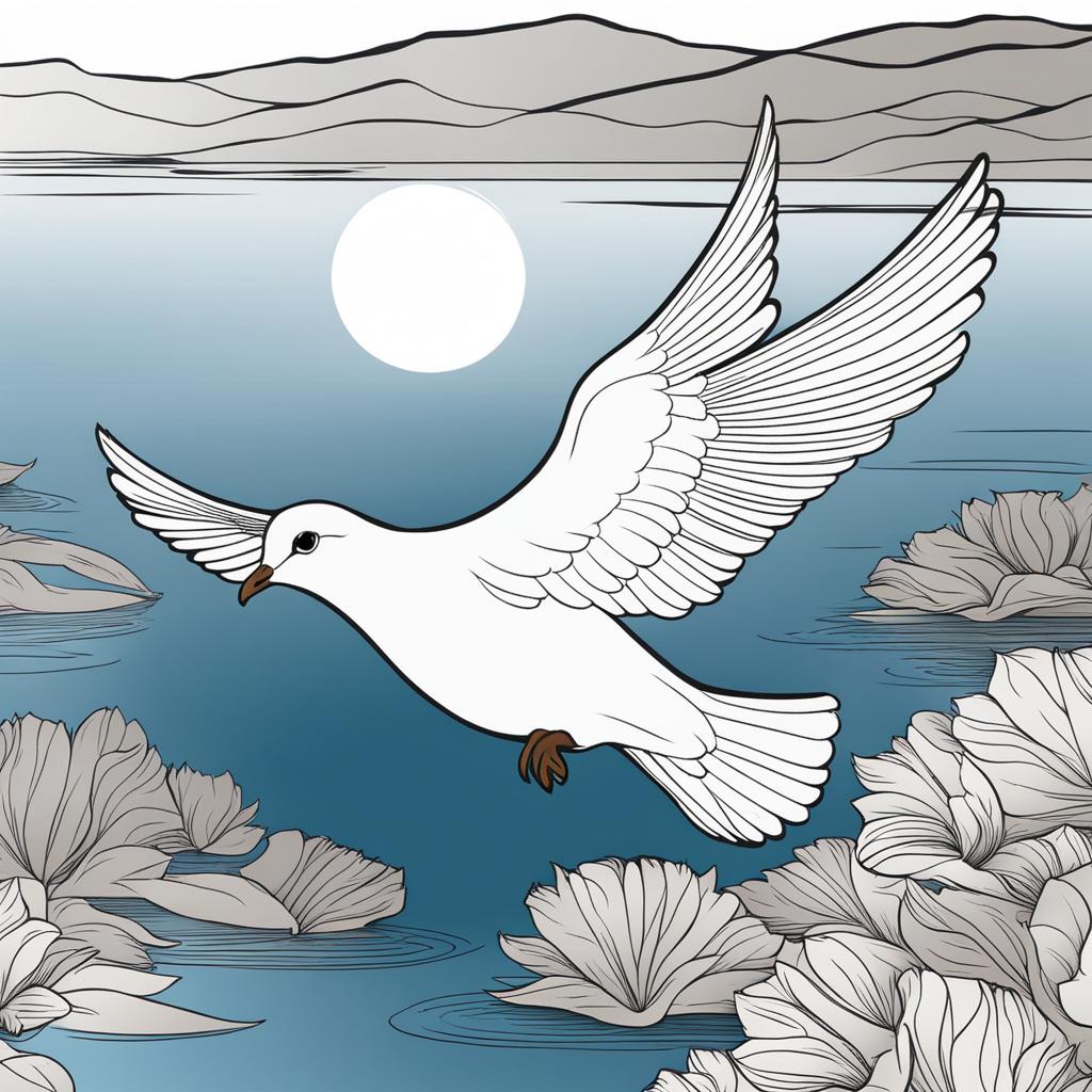 dove clipart - a peaceful dove in graceful flight, soaring above a tranquil lakeside 