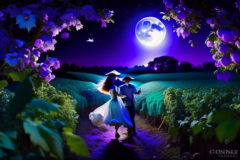 sylvans frolicking and dancing merrily in the moonlit vineyards of bordeaux, france. 