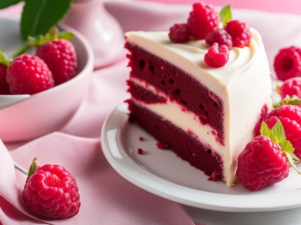 red raspberry velvet cake with raspberry cream cheese icing, relished at a romantic date. 