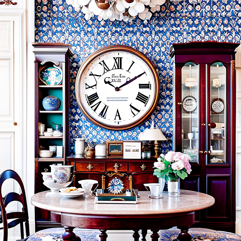 time traveler's dining room with vintage clocks and time vortex wallpaper. 