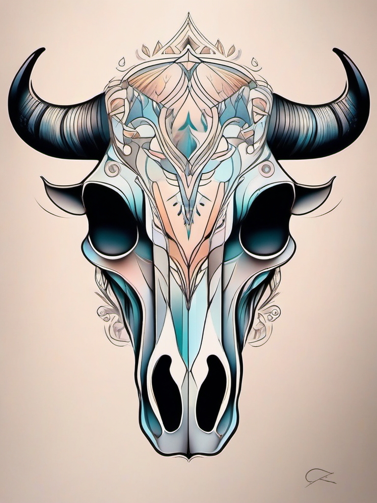 Dreamy cow skull tattoo: Soft lines, capturing the essence of dreams.  simple color tattoo style