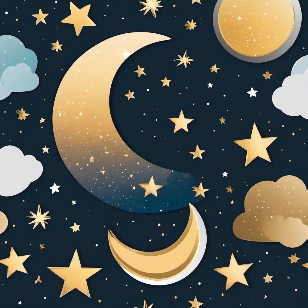 Moon and Stars Sticker - Crescent moon surrounded by stars, ,vector color sticker art,minimal