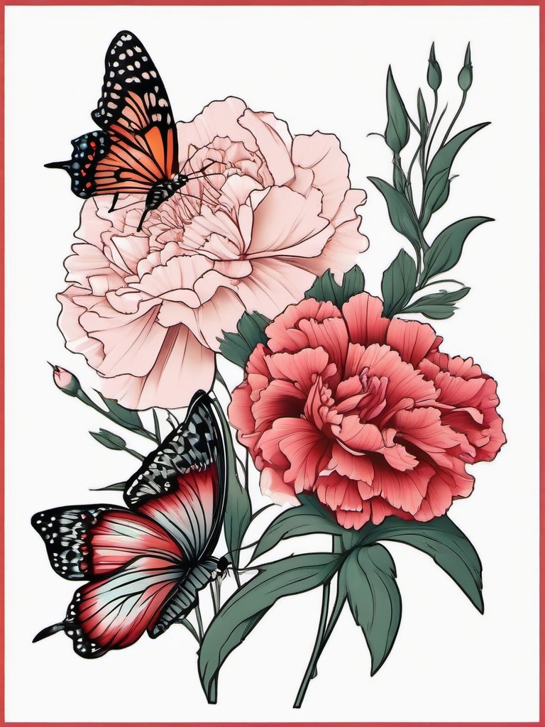 Butterfly and Carnation Tattoo,Harmonious fusion of butterflies and carnations in a tattoo symbolizing transformation and love.  simple color tattoo,minimal vector art,white background