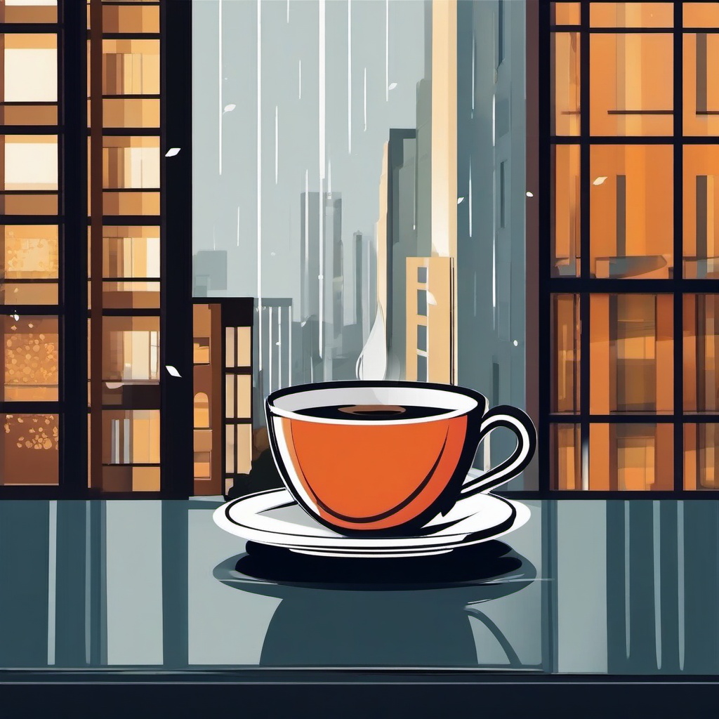 Coffee Cup clipart - coffee cup in a rainy window setting  color,minimalist,vector clipart