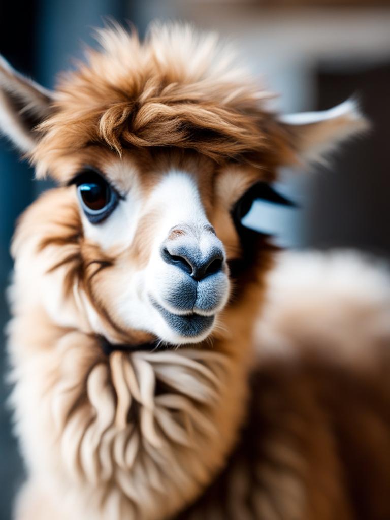 tiny baby llama with expressive eyes and a fuzzy coat. 