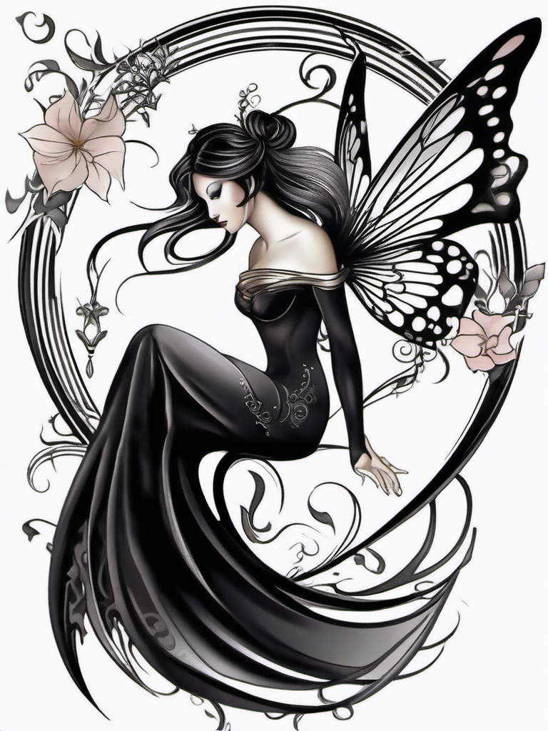 black fairy tattoo ideas  simple color tattoo style,white background