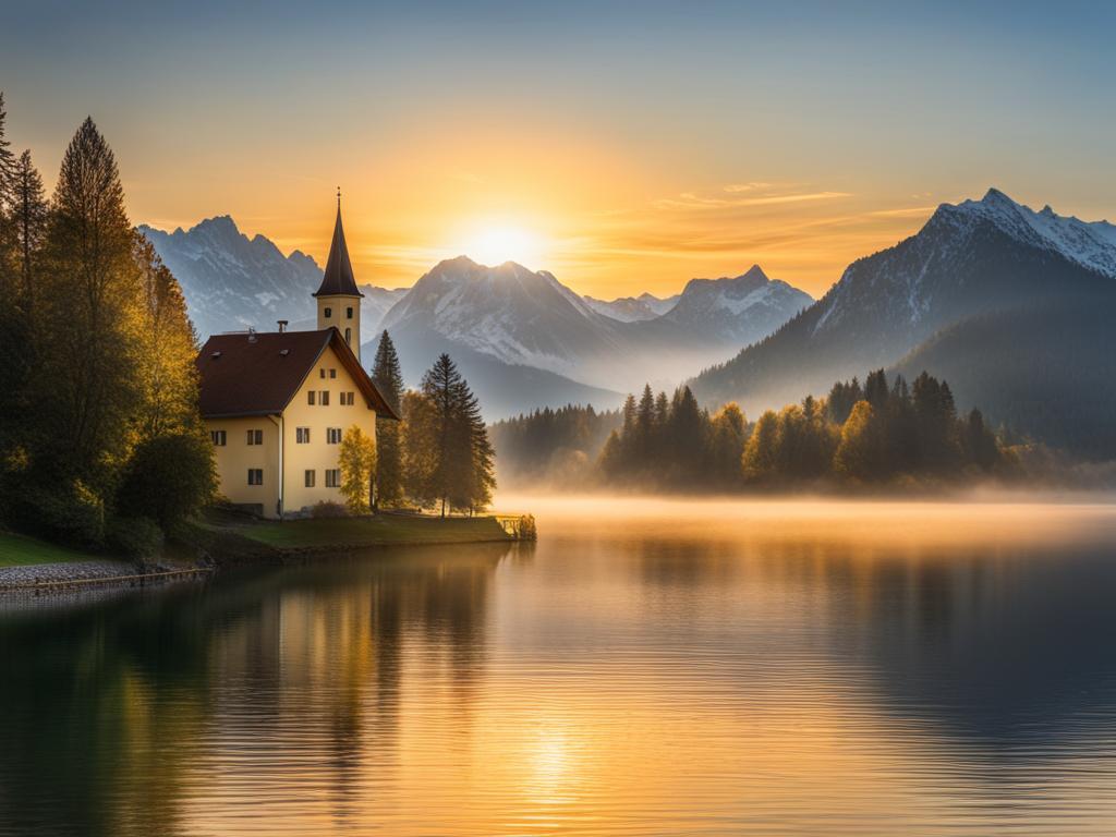 bavarian lakes serenity - create an artwork that conveys the serenity of lesser-known bavarian lakes, with their pristine waters and alpine vistas. 