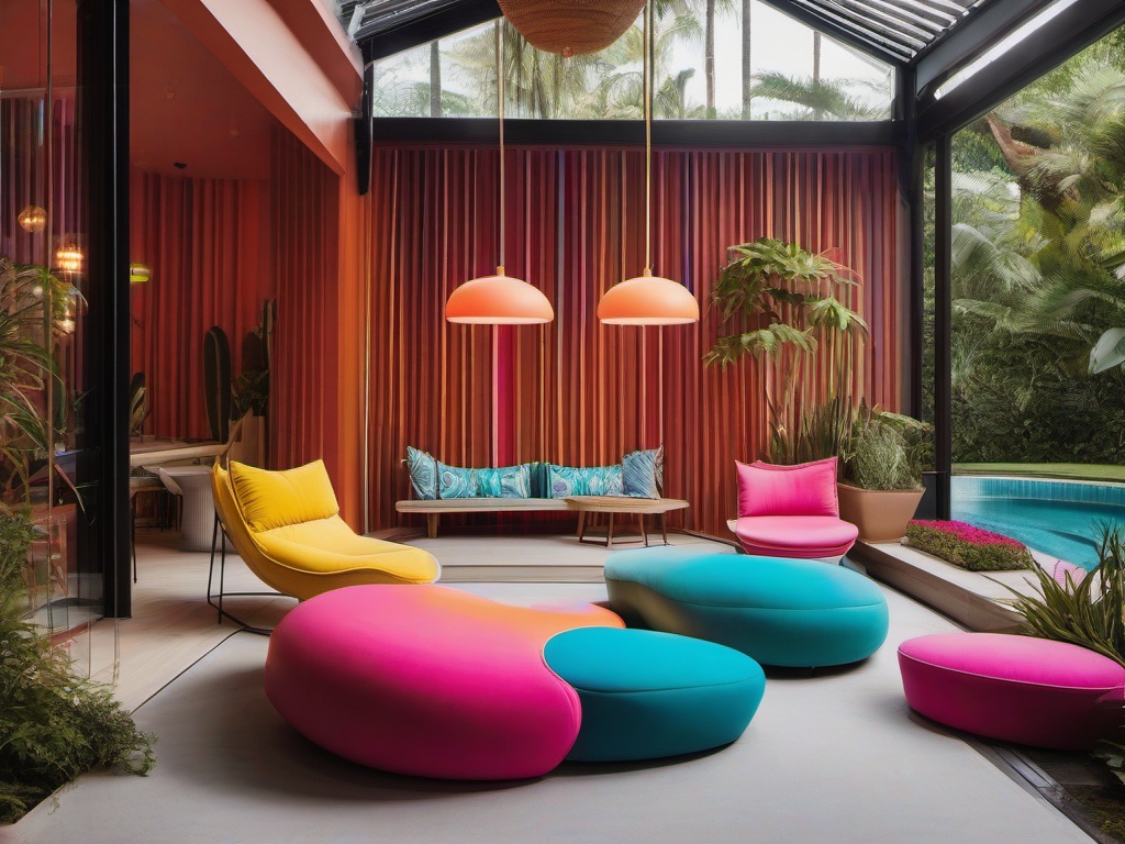 The pool area embraces psychedelic interior design with colorful loungers, playful decor, and a lively atmosphere that creates an exciting space for summer enjoyment.  