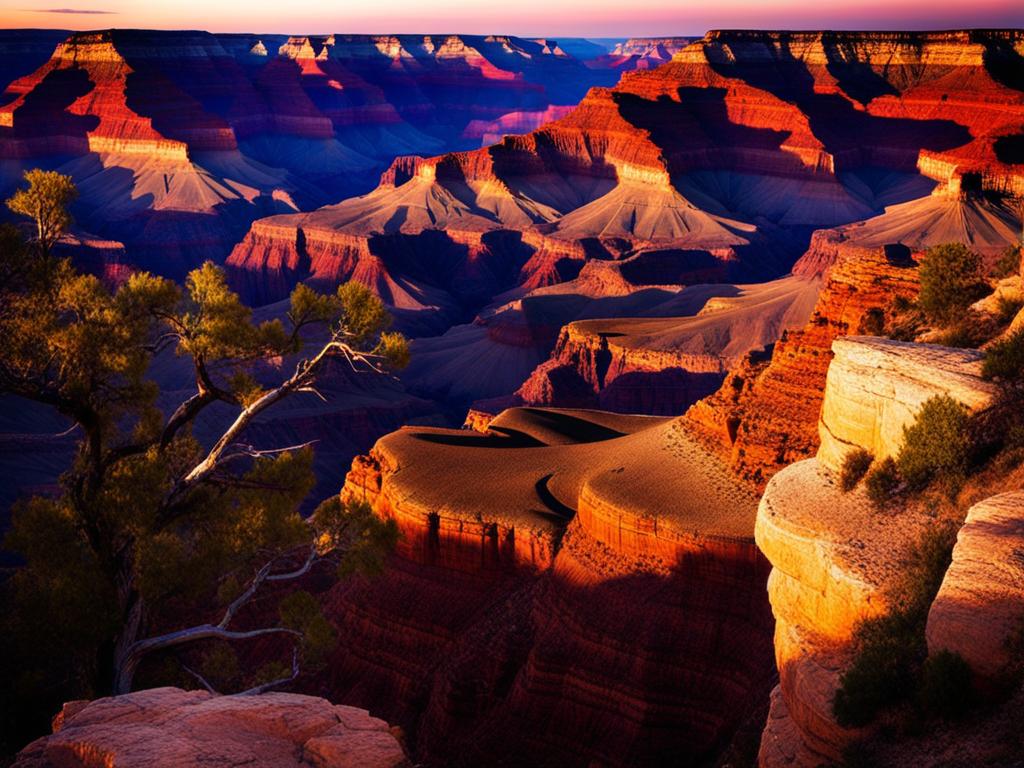 grand canyon at sunrise - emphasize the awe-inspiring grand canyon as the first light of sunrise bathes its vast expanse. 